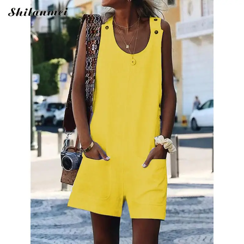 Летние Шорты рукавом белье женский пляжный костюм Повседневное кнопка карманы свободные широкие брюки женский костюм пляжного типа больших размеров уличной моды - Цвет: yellow
