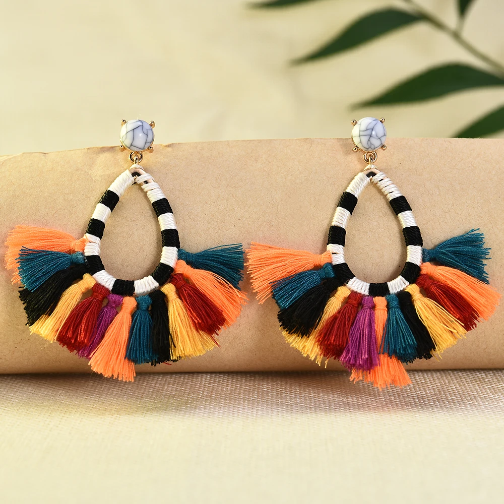 

Fashion Stripe Contrast Stitching Drops Earrings Colorful Fringe Fan Statement Tassel Warmth and Whimsy for Women Girls Party