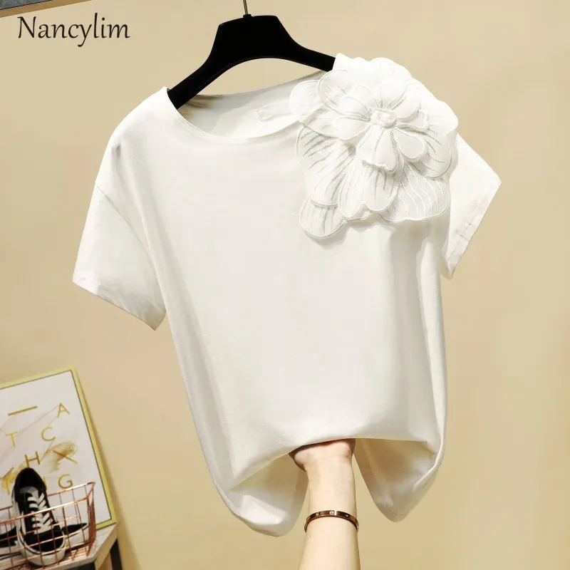 

Tshirt 2019 Spring Summer New Korean Handmade Three-dimensional Flower Round Collar Short Sleeved T Shirts Women Leisure Tops