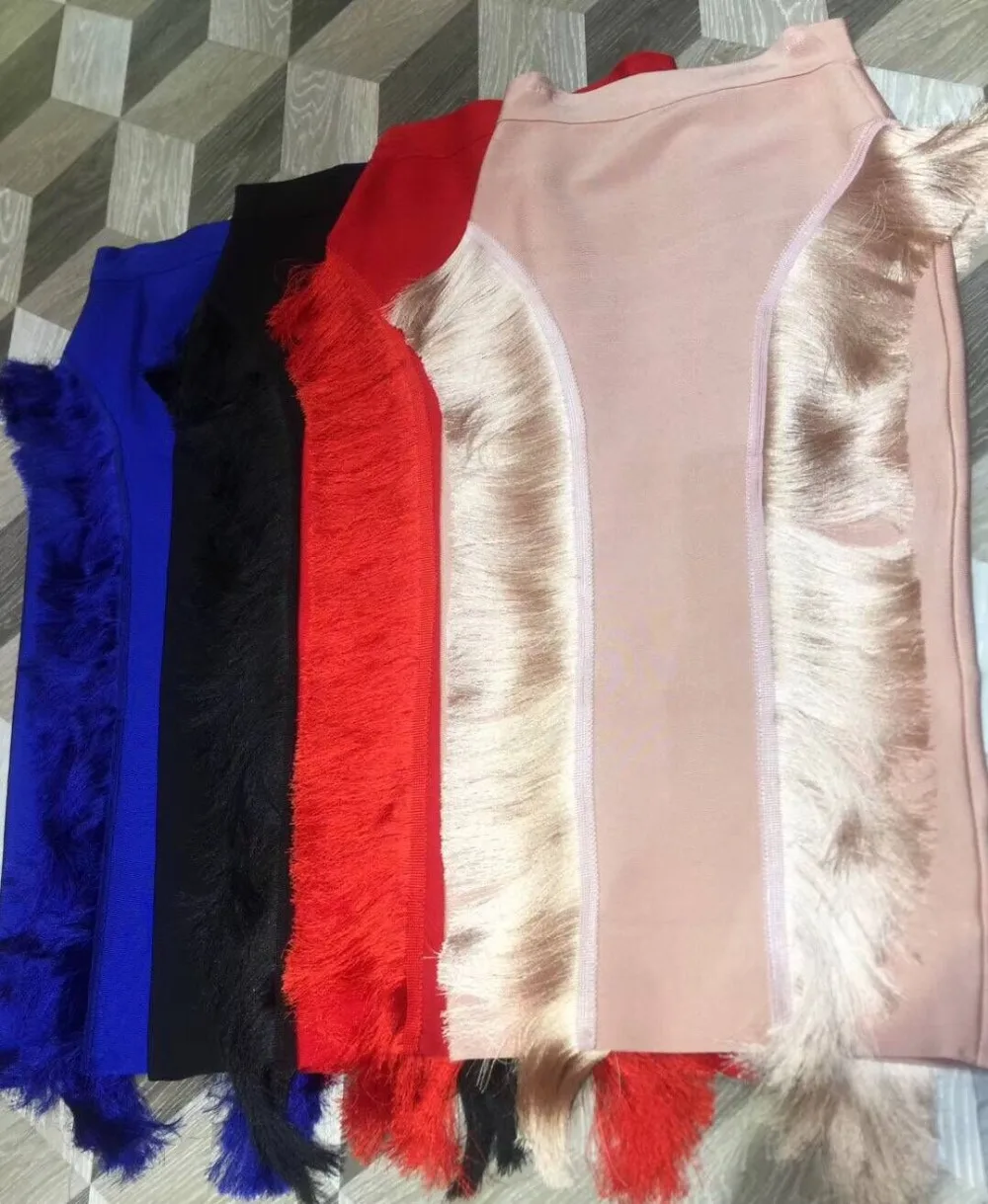 Top Quality Celebrity Pink Red Black Blue Knee Length Tassel Rayon Bandage Skirt Night Club Party Skirt (1)