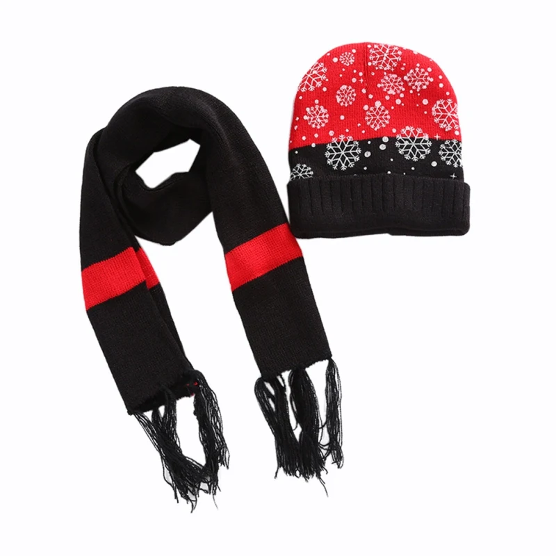 ROPALIA Two-Piece Set Christmas Children Snow Printed Beanie Hat Striped Scarf Neck Wraps Girl Boy Holiday Headwear Accessories
