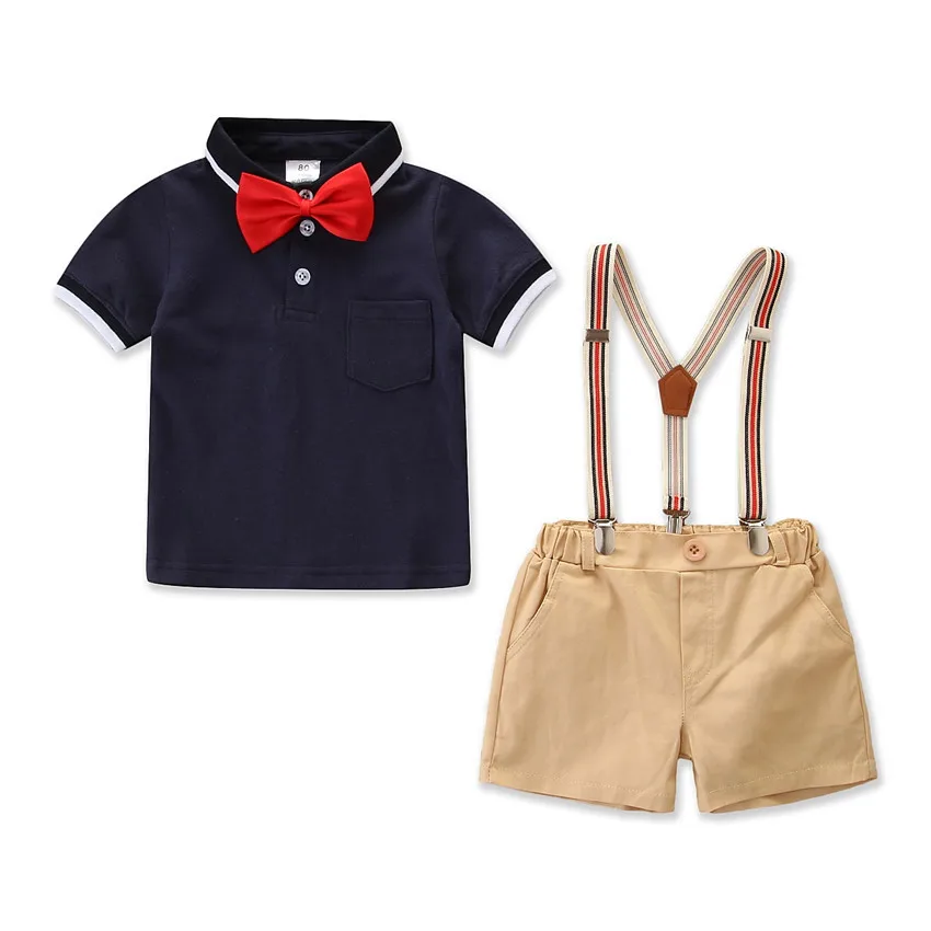 

Summer Kids Boy Casual Clothes Set Cotton Short Sleeve Bow Tie Tops + Suspender Shorts Children Gentleman Suit Baby Baby Clothes