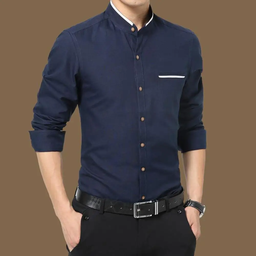Для мужчин 2019 модные однотонные с длинным рукавом Slim Fit Бизнес рубашки