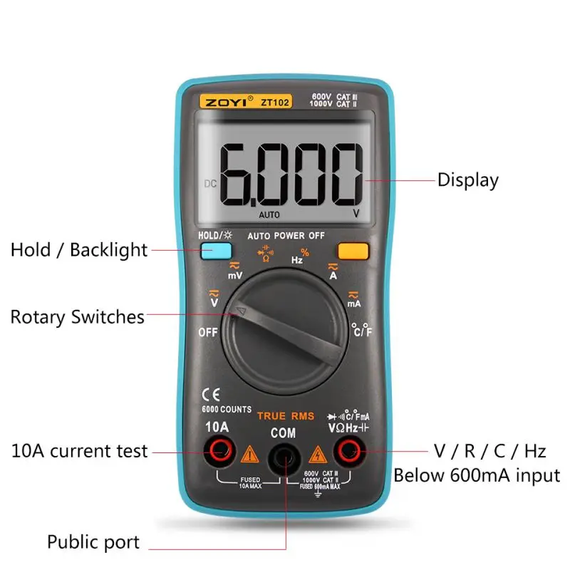 

Professional ZT102 Multimeter 6000 counts Back light AC/DC Ammeter Voltmeter Ohm Frequency Diode Temperature multimetro