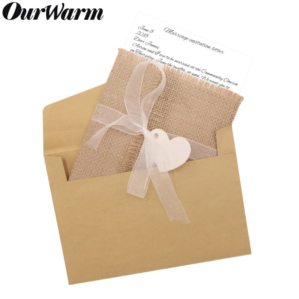  OourWarm 30/10Pcs Rustic Wedding Invitations Burlap Greeting Cards Postcard with Ribbon Envelope Vi - 32978116050