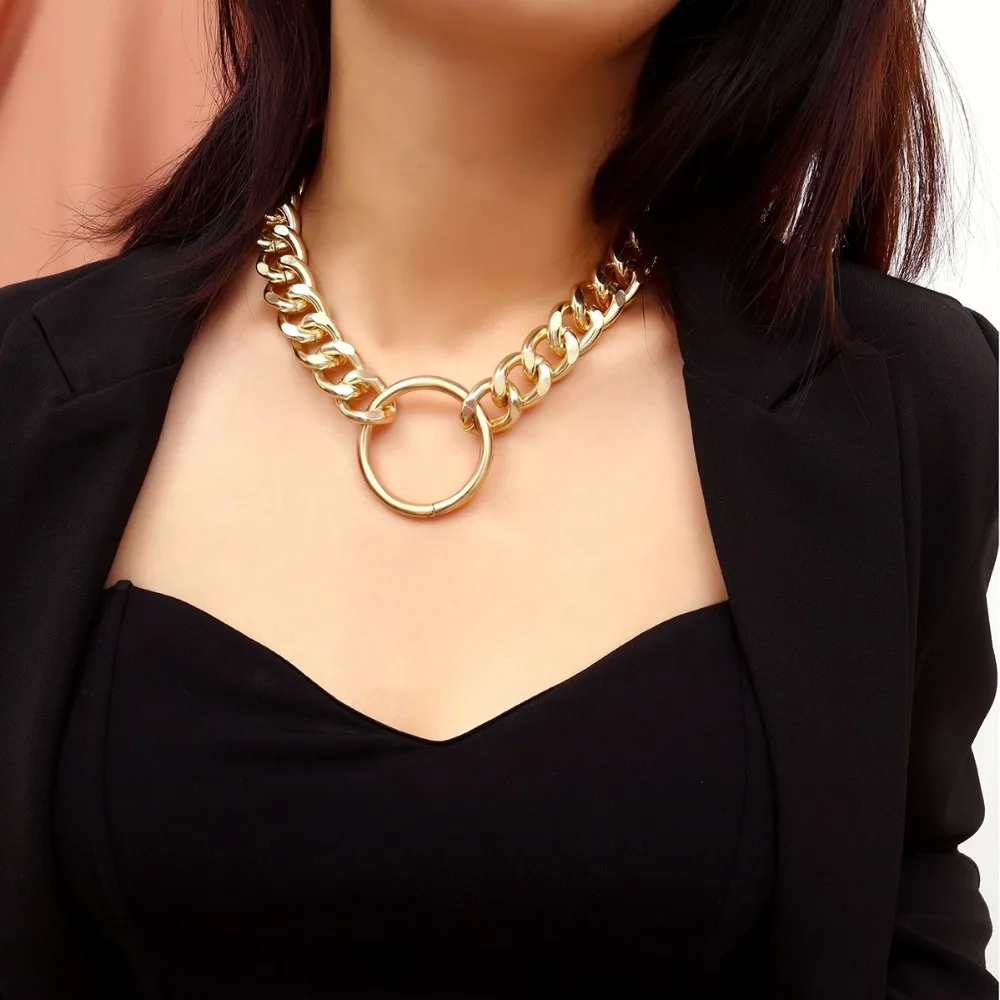 

Fashion Punk Exaggerated Metal Choker Decorated Female Simple Geometric Circle Retro Necklace Gold Color Chain Hiphop Choker