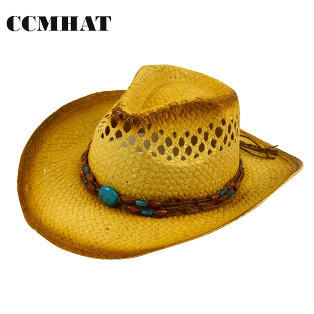 Natural Men's Cowboy Hat Summer Casual Style Blue Beads Decoration
