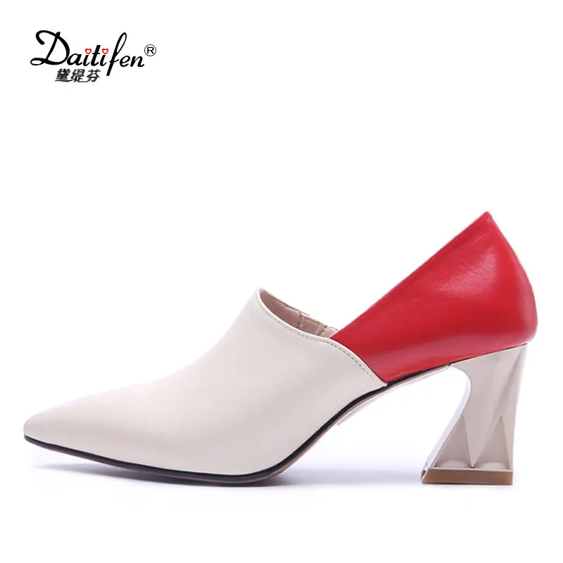 

Daitifen Spring/Autumn Pumps Concise women shoes Pointed Toe shallow Casual shoes Genuine Leather Mixed Colors Square heels