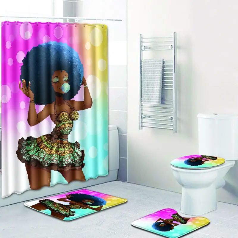 

Sexy Skirt Girl Bathroom Curtain Waterproof Fabric Blowing Bubble Gum Curls African Women Shower Curtain and Bath Mat Cover Set