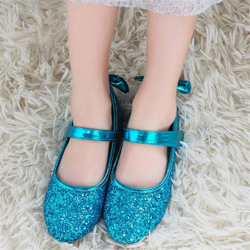 

25% Children Girls Pu shoes Glitter back Bowknot dance Shoes Flat Party Princess girl Shoes 24-35 blue sliver gold 2313 TX01