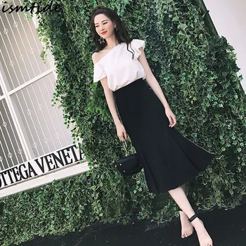 

2018 New Summer OL Korean Style Women Formal Two Piece Set Ruffle Short Sleeve White Shirt Blouse + Mermaid Bodycon Skirt Set