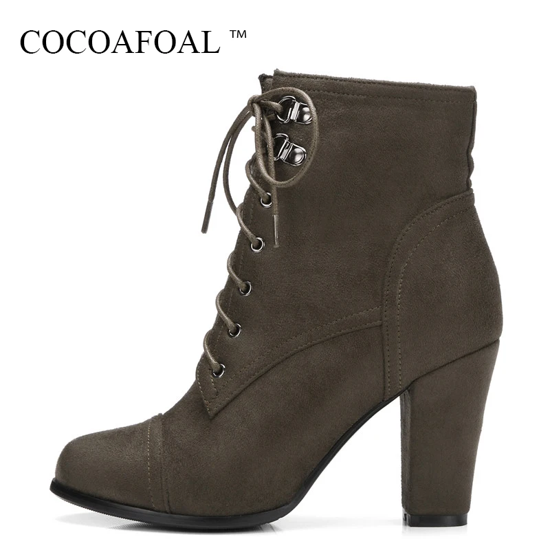 

COCOAFOAL Women's Autumn Winter Flock Martin Boots Plus Size 41 43 Black Lace Up Ankle Boots Sexy Gray Green High Heels Shoes