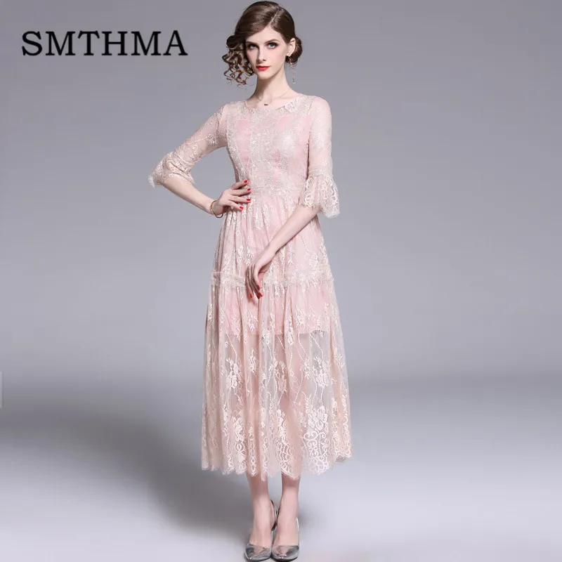 Photo Color Smthma Подиум стиль весна лето кружевное платье женские винтажные Лоскутные Длинные платья с рукавом-клеш Открытое платье Vestidos - Цвет: Photo Color