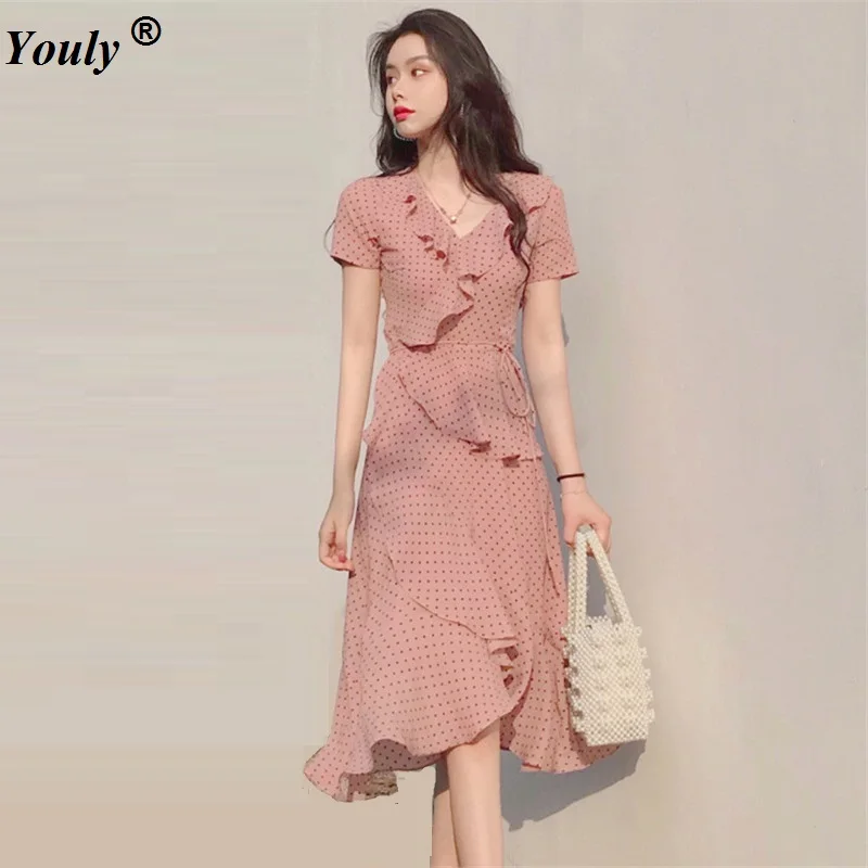 

Vintage Polka Dot Pink Ruffle Party Midi Dress 2019 Summer Women Chiffon Elegant Sexy Lace Tie V Neck Layered Boho Beach Dress
