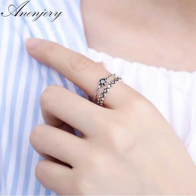 Anenjery Creative 925 Sterling Silver Rings For Women Obsidian Leaf Double Layer Anenjery Creative 925 Sterling Silver Rings For Women Obsidian Leaf Double Layer