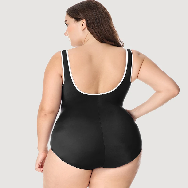 Womens One Piece Plus Size Zipper Swimsuit Solid Color Quick Dry Beachwear Bathing Suit Sexy Ruched High Waist Black Swimwear1