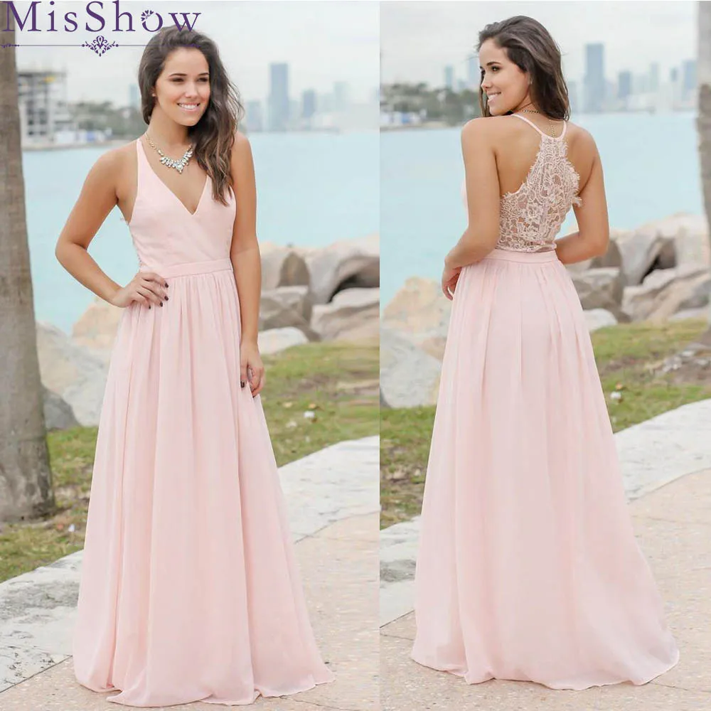 

Custom-made Sexy Long Chiffon Lace Bridesmaid Dresses Pink Wedding Party Dresses Beach Bridesmaid Gowns Vestidos de casamento