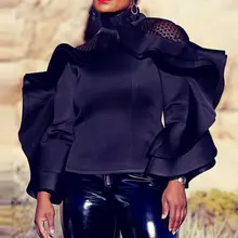 Falbala Plain Women Blouses 2019 Summer Fashion Standard Long Sleeve Black Blouse Elegant Lady Office Tops Female Shirt plain lace patchwork falbala blouse
