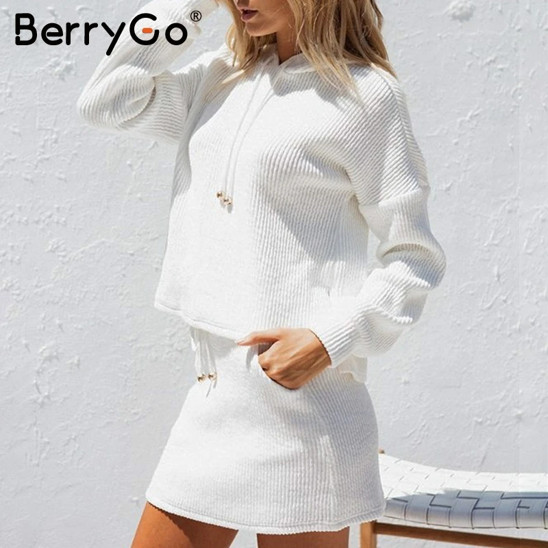 BerryGo, два предмета, на шнуровке, повседневный костюм, платье для женщин, хлопок, белый, осень, зима, с капюшоном, толстовка, платье, негабаритное, трикотажное платье