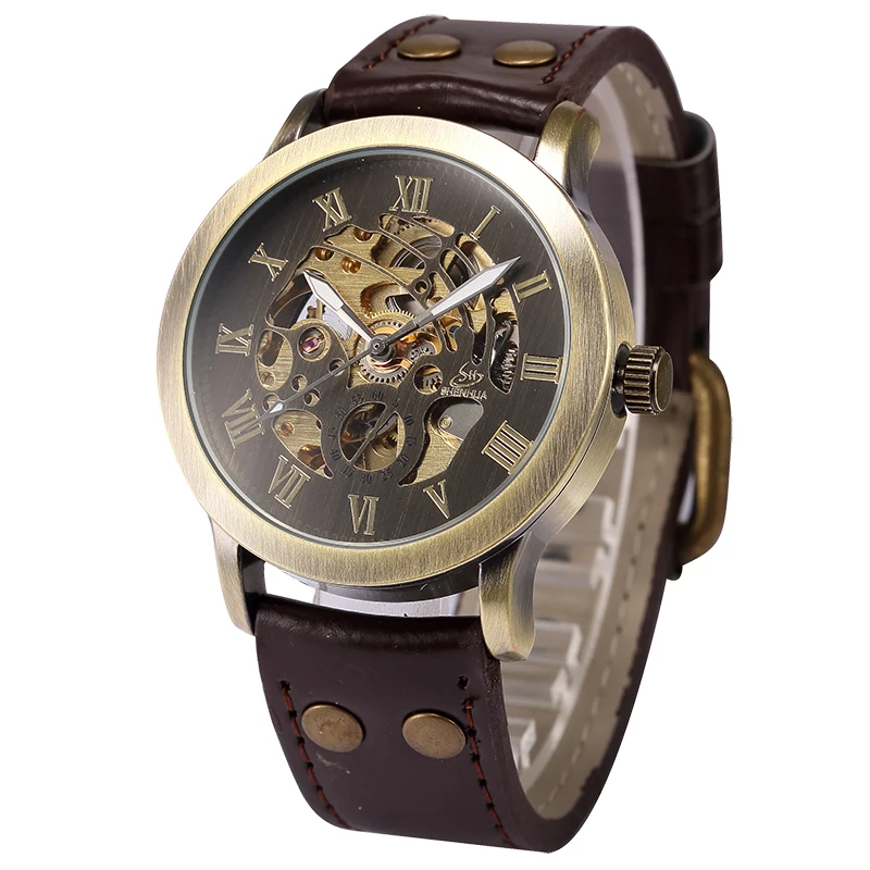 SHENHUA Vintage Design Male Clock Skeleton Dial Relogios Auto Mechanical Men's Wrist Watches Casual horloges mannen