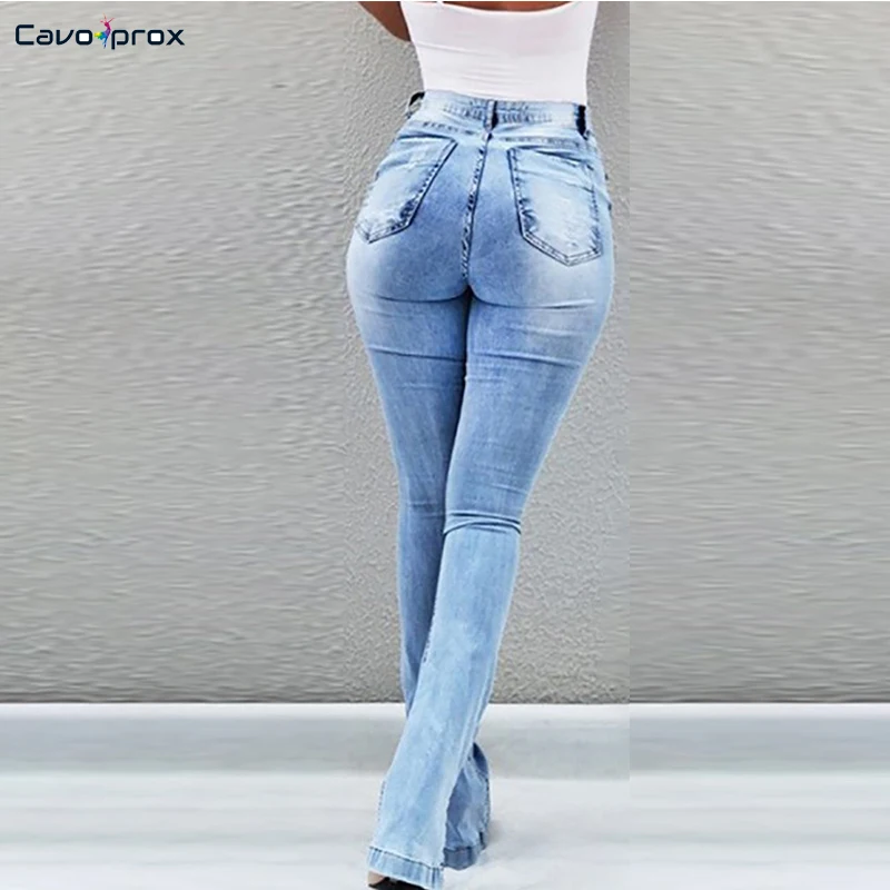 Women High Waist Ripped Bell-Bottom Jeans Ripped Distressed Hole Skinny Bodyocn Flare Pants Plus Size Mom Jeans Street Style