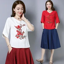 Женские китайские топы, летняя футболка, женская новая хлопковая льняная вышивка, традиционная китайская блузка, одежда в восточном стиле TA1640