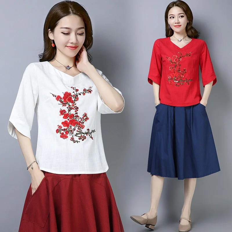 

Ladies Chinese Tops Summer T Shirt Women New Cotton Linen Embroidery Traditional Chinese Blouse Oriental Style Clothing TA1640