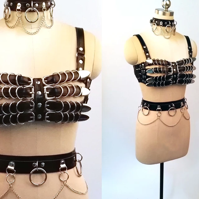 Real Leather Punk Harness Top Bra Belt Long Caged Skirted Dress