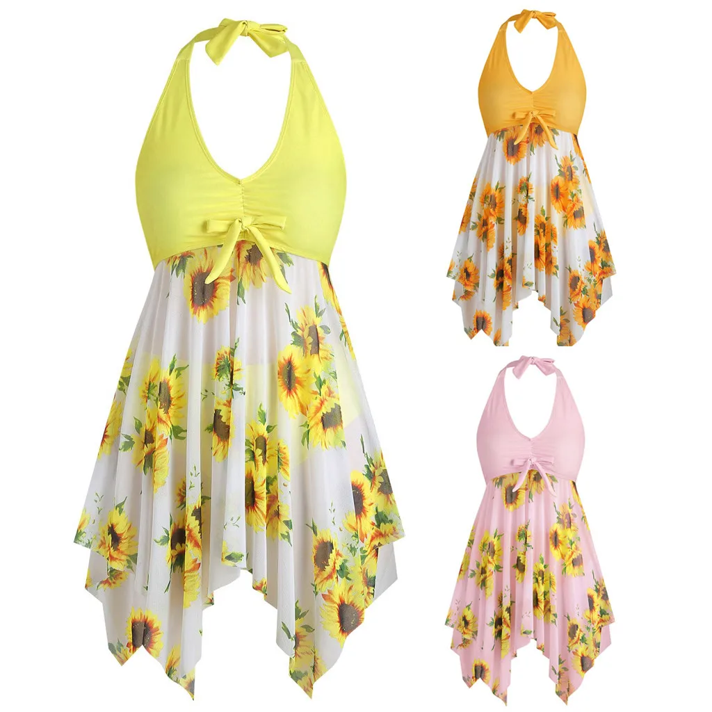 

Swimwear Women Plus Size Sunflower Bowknot Halter Tankini Set Plus Size Swimwear Summer Fashion bathing suit women c0604