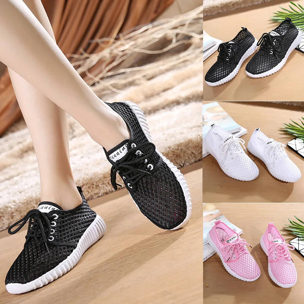 

Women Casual Shoes Mesh Breathable Antiskid shoes Comfortable Solid Color Outdoor Lace-Up Sneakers Plus size#sw