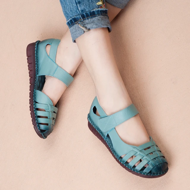 Abedake brand woman sandals 2018 summer breathable hole shoes leather flat sandals non-slip handmake soft female sandals