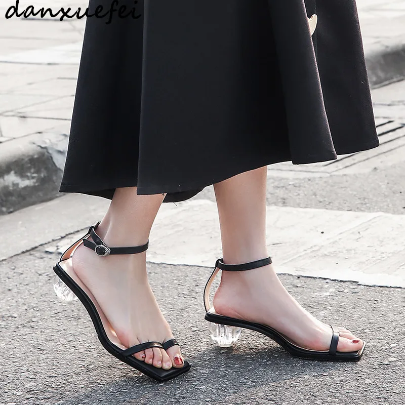 

Women's gneuine leather ankle strap low heel comfortable sandals open toe summer elegant ladies dress pumps evening shoes women