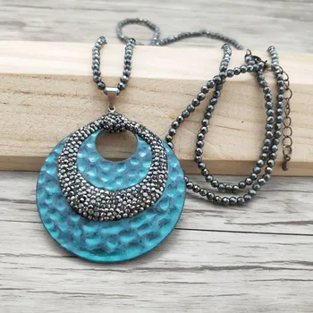 

5 Strands Hematite beads Chains necklace, Metal brass round shape Charm Pendant Paved Crystal Rhinestone Jewelry necklaces NK315