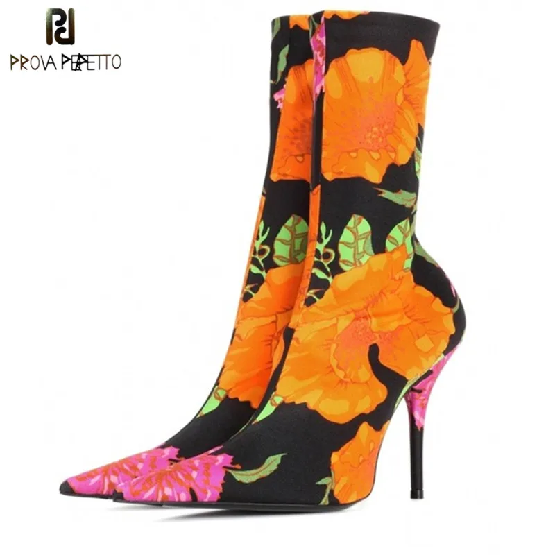 

Prova Perfetto 2018 Candy Color Stretch Fabric Women Sock Boots Pointed Toe Ankle Boots Brand Design High Heel Boots Women Pumps