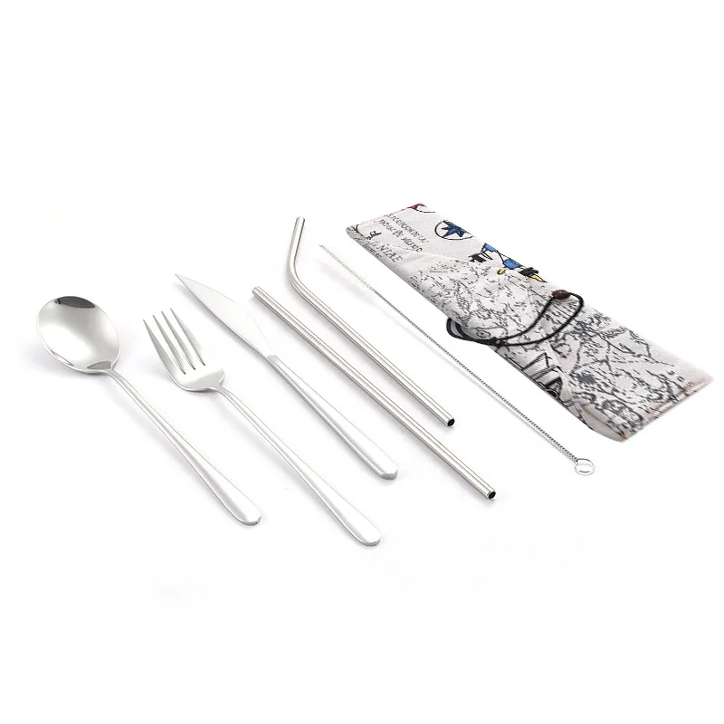 Набор посуды для путешествий, кемпинга, набор столовых приборов, многоразовая посуда из серебра, металлическая соломинка, ложка, вилка, палочки для еды и портативный чехол - Цвет: Cutlery Set K
