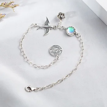 

925 Sterling Silver Charm Bracelets For Women Natural Stone Moonstone Vintage Crown Swallow Fine Jewelry Bracelets & Bangles