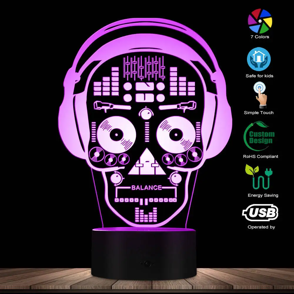 3D светодиодный Изобразительное искусство DJ скелет наушники звуковой микшер Night Lights Музыка Череп татуировки наушники СВЕТОДИОДНЫЙ