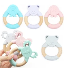 Silicone mordedor bonito animal dentição anel chocalho de madeira mastigável brinquedo dente de enfermagem do chuveiro do bebê presente brinquedos sensoriais 1 pc