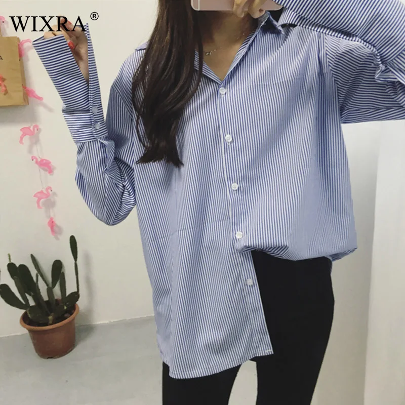 

Wixra 2019 New Fashion Women Patchwork Striped Blouses Casual Turn-Down Collar Stylish Button Tops Loose Shirts For Women