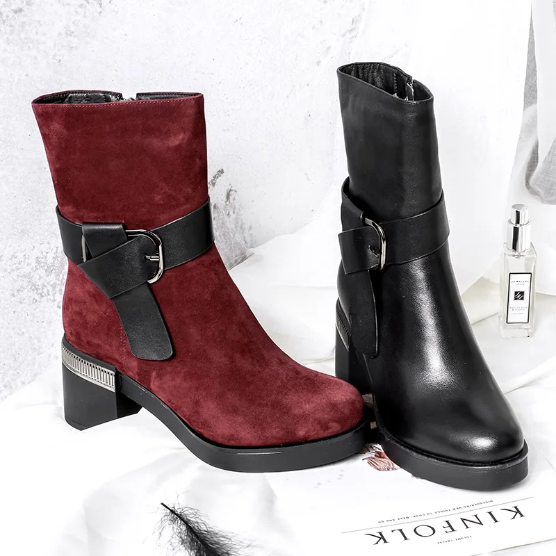 BELISS 2018 fashion winter boots women mid calf genuine leather round toe snow boots ladies high heels buckle  (1 (15)