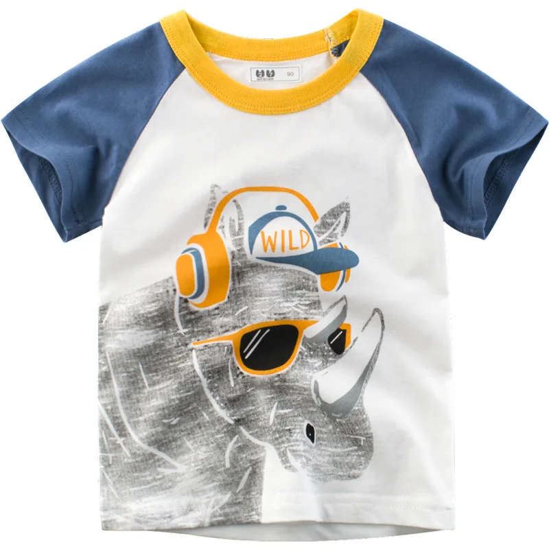 

2019 New fashion Patchwork o neck short sleeve boys tops Cartoon Hip hop rhinoceros print t shirt children's t-shirt for a boy
