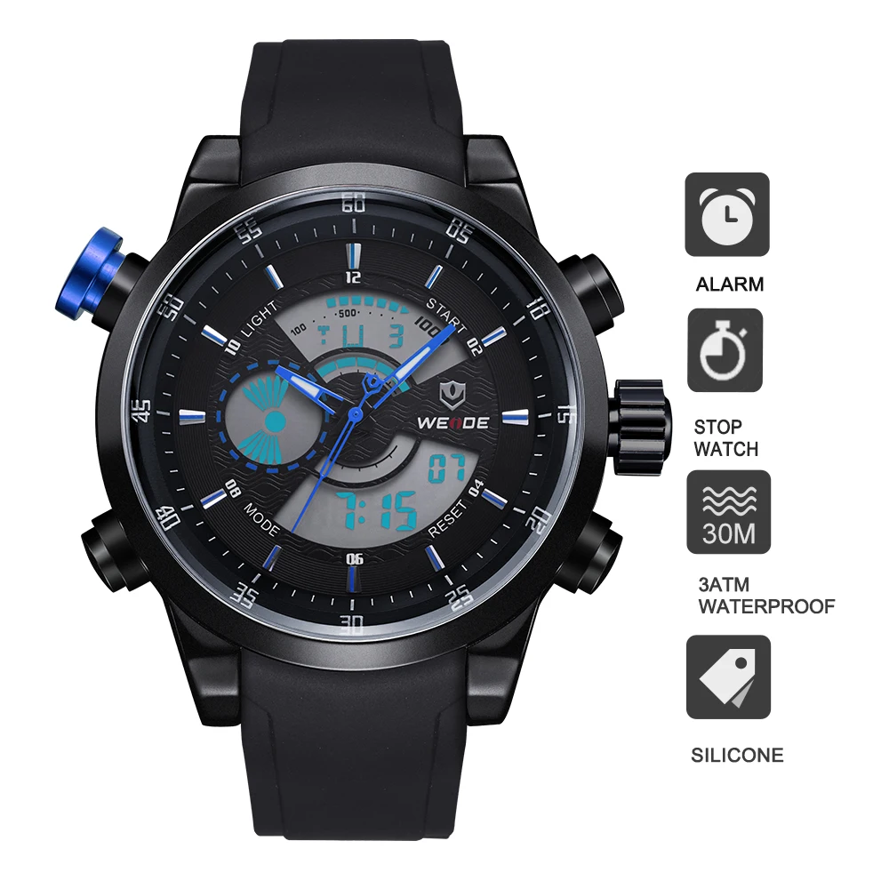 

WEIDE Mens Sports Model Quartz Analog Digital Display Stop Watch PU Strap Alarm Repeater Auto Date Alarm Calendar Wrist Watches
