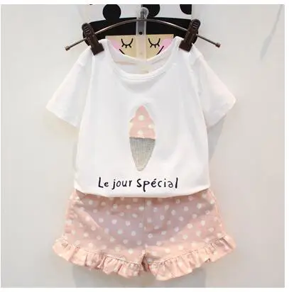 Cheap 2016 summer new Korean children cute cartoon ice cream T-shirt + Polka Dot Shorts Set Girls Fashion Suits