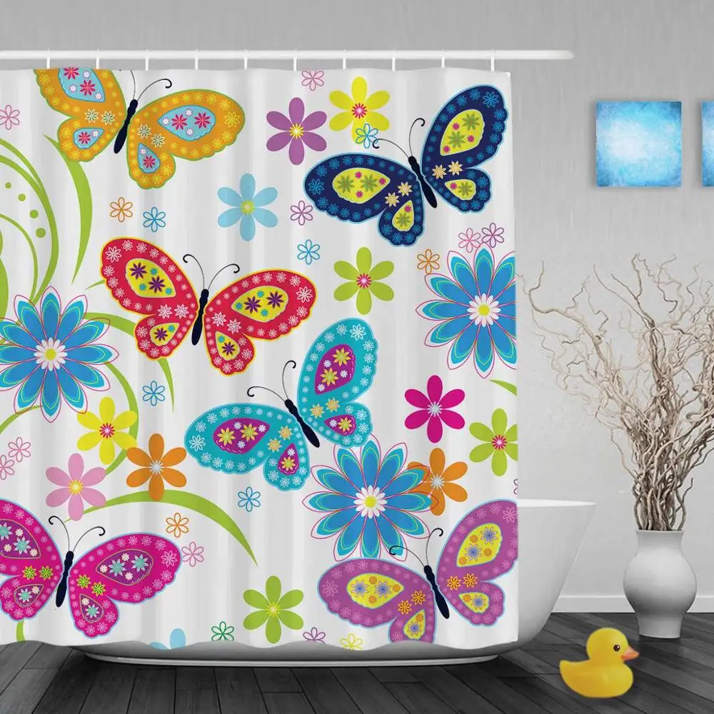 Colorful Shower Courtain Spring Flower Print Bathroom With Hooks Cover Courtain