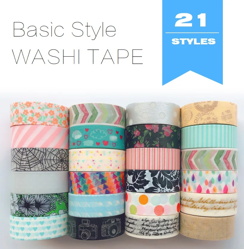 

21 Designs Letters/Stripe/Lace/Spots/Stars Pattern Japanese Washi Tape Decorative Adhesive DIY Masking Paper Tape Stickers Label