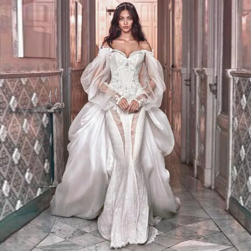 

Fashion Sweetheart Applique Wedding Formal Dresses With Detachable Train Elegant Off Shoulder Long Sleeve Mermaid Bridal Gown