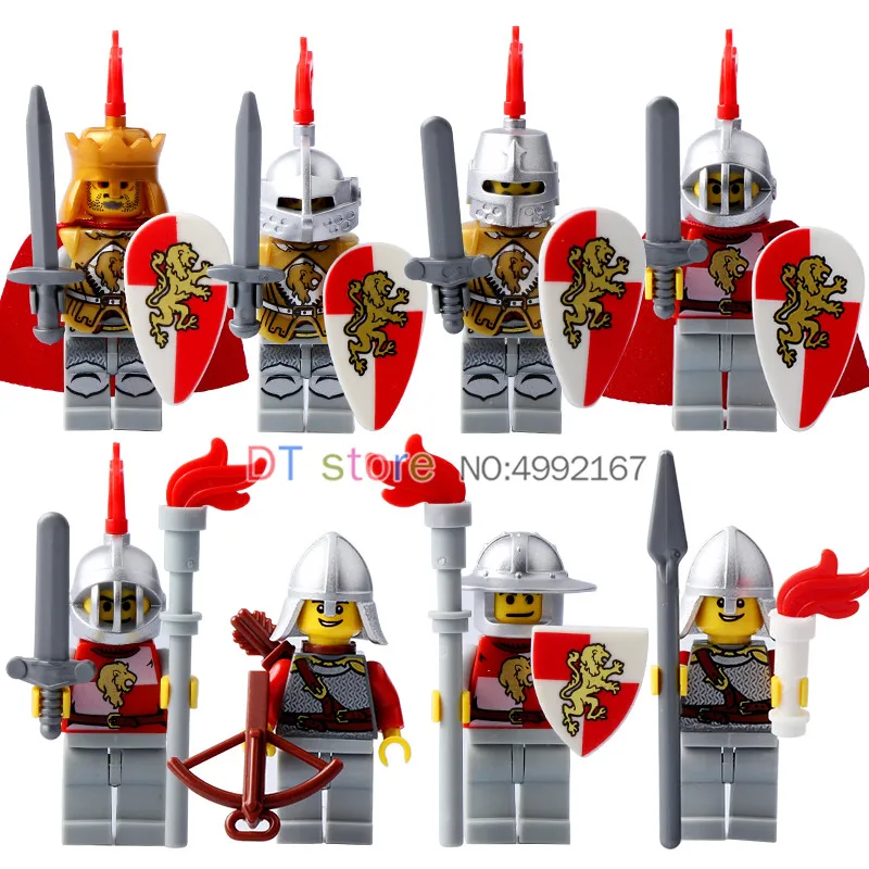 

8pcs Building Blocks Red Lion King Knight Medieval Castle Knight Armor Heavy Knight with Weapons Figures Bricks 9809