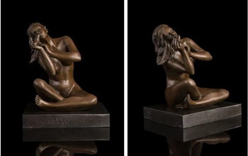 

Art Deco Sculpture Naked Woman Nude Girl Hold Bird Bronze Statue Signed