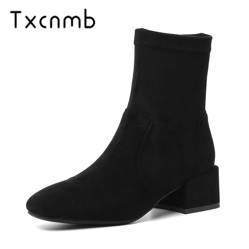 

TXCNMB 2019 Suede Leather Women Square Heels Boots Autumn Winter Ankle Boots Ladies Party Dress Shoes Woman Big Size 41 42 43