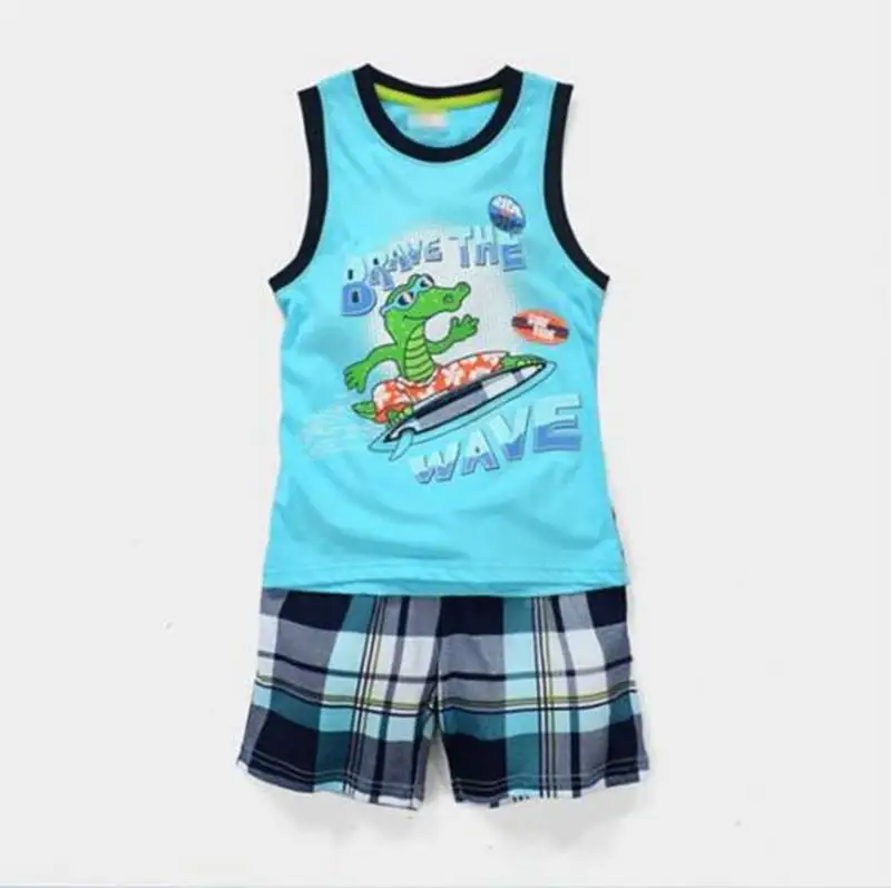 Комплекты одежды с динозавром для маленьких мальчиков; коллекция года; летние детские пижамные комплекты; Детские пижамные комплекты; хлопковые футболки; комплект одежды со штанами - Цвет: Кофе
